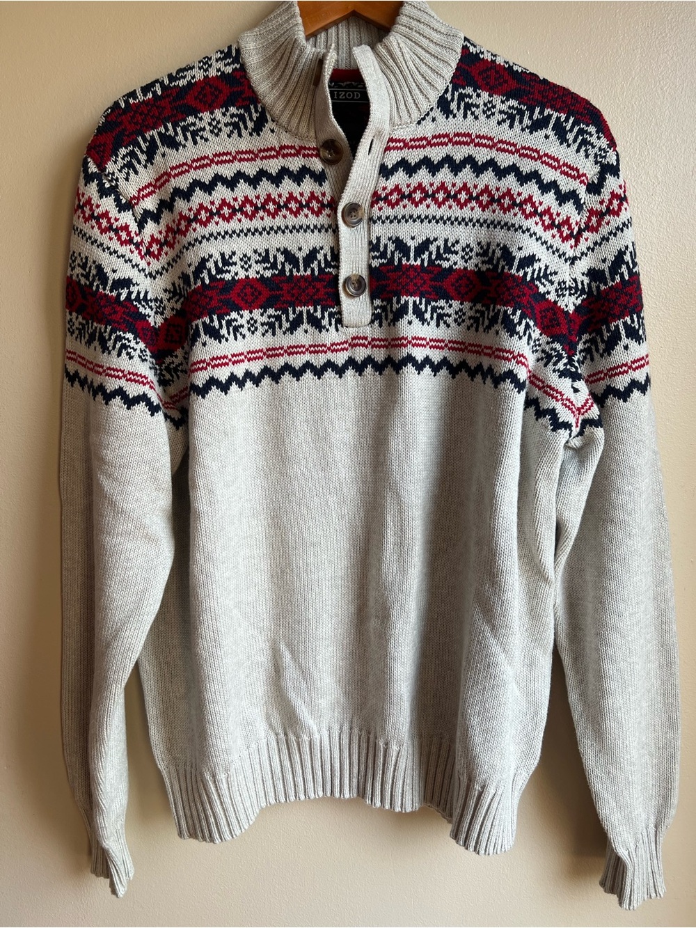 IZOD Men’s Large Fair Isle Nordic Pullover Sweater Quarter Button Gray Red Navy